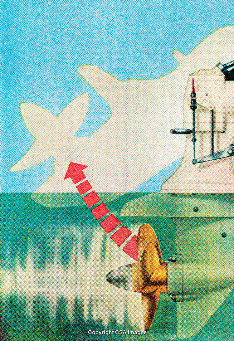 Vintage Illustrated Machine Propeller With Arrow and Silhouetted Animal