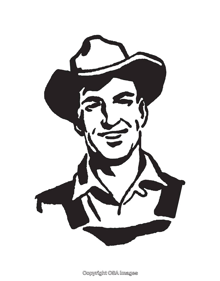 Vintage Black and White Cowboy Illustration in Line Art Style