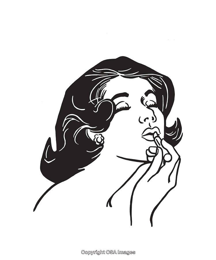 Black and White Vintage Line Art of Woman Applying Lipstick