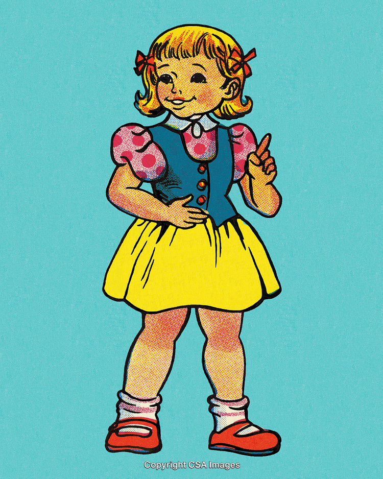 Vintage Illustration of a Colorful Smiling Girl in a Cheerful Pose