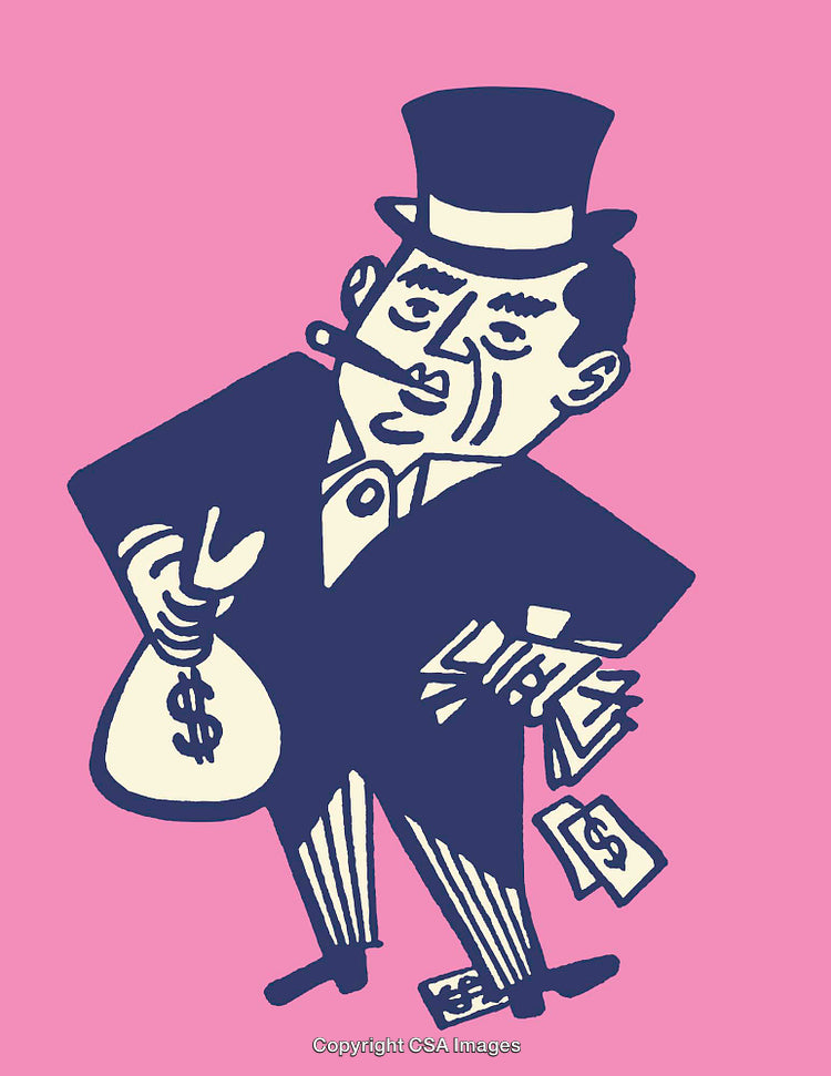 Cartoon Illustration of a Wealthy Businessman in Formal Attire Holding Money