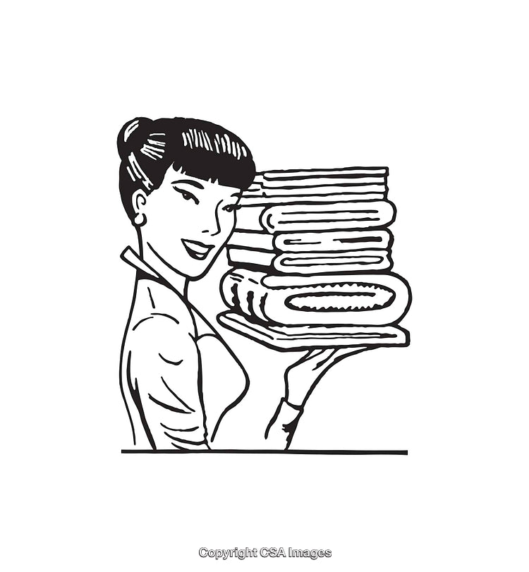 Retro Line Art of Woman Holding Folded Towels in Black and White