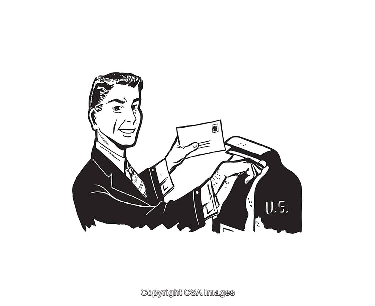 Vintage Illustration of a Man Mailing a Letter Into a US Mailbox