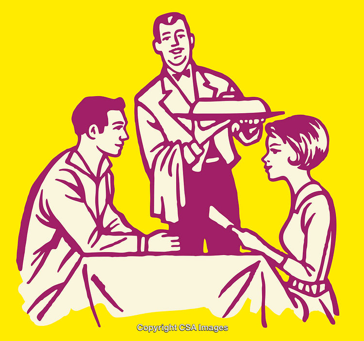 Retro Style Restaurant Scene with Waiter and Dining Couple