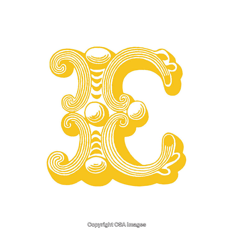 Decorative Ornate Yellow Letter E with Floral Patterns on White Background