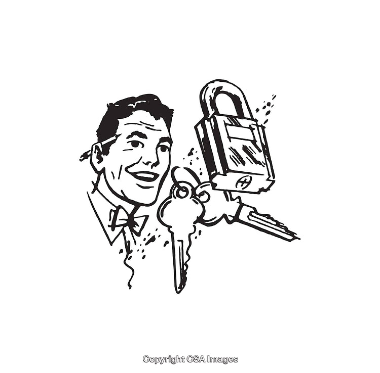 Vintage Line Art of Man with Keys and Padlock