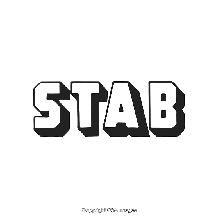Bold 3D Word Art Logo of the Word 'Stab' in Monochrome