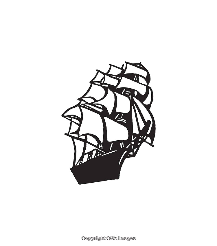 Black and White Line Art Illustration of a Sailing Ship at Sea