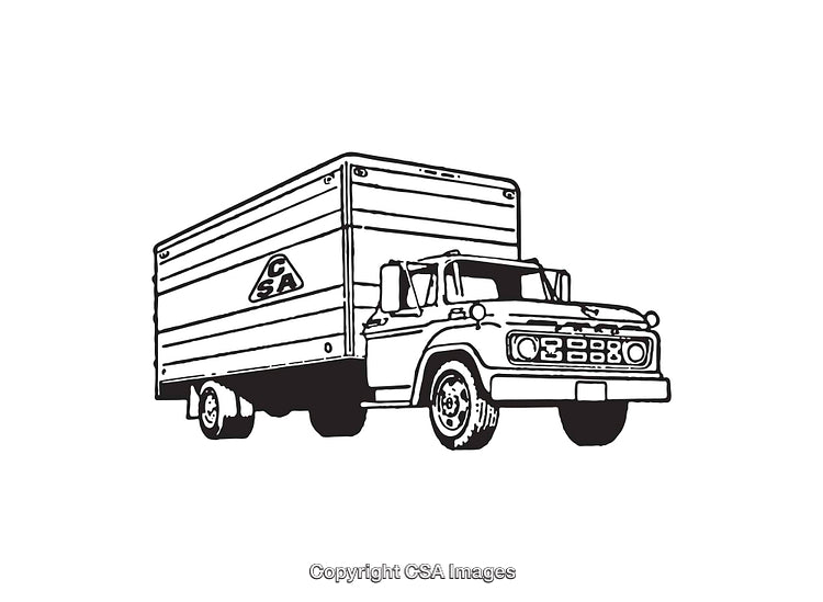 Black and White Line Art Illustration of a Vintage Delivery Truck