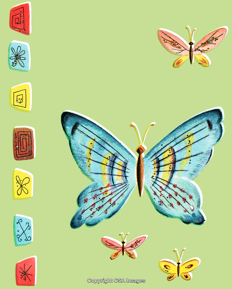 Colorful Butterflies and Geometric Elements on a Pastel Green Background