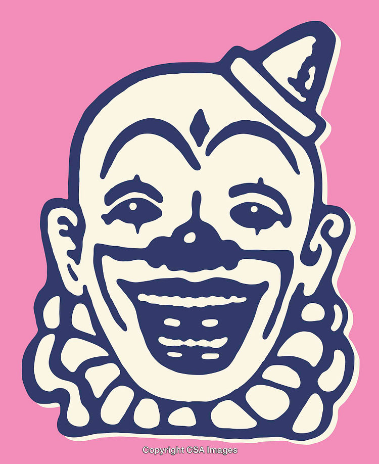 Vintage Clown Illustration with Bold Design on Bright Pink Background