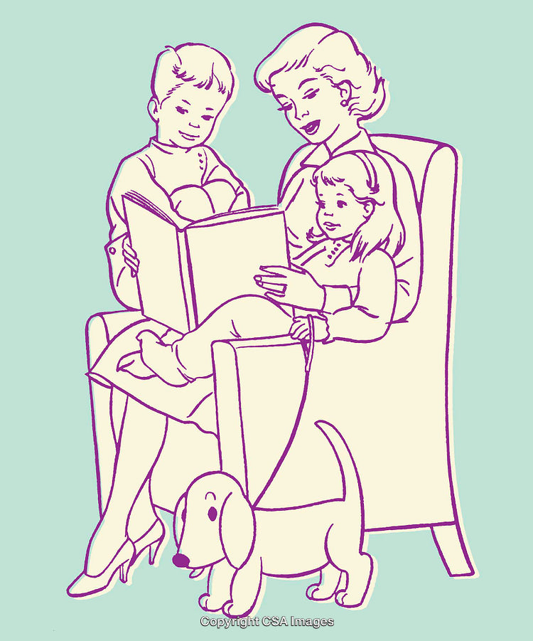 Mother Reading a Book to Her Children with a Dog by Their Side