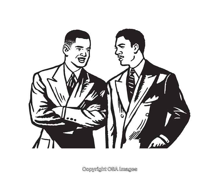 Black and White Line Illustration of Two Men Discussing in Business Attire