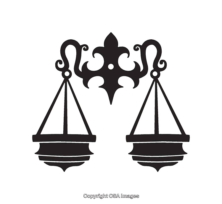 Black And White Vector Illustration of a Decorative Scales of Justice