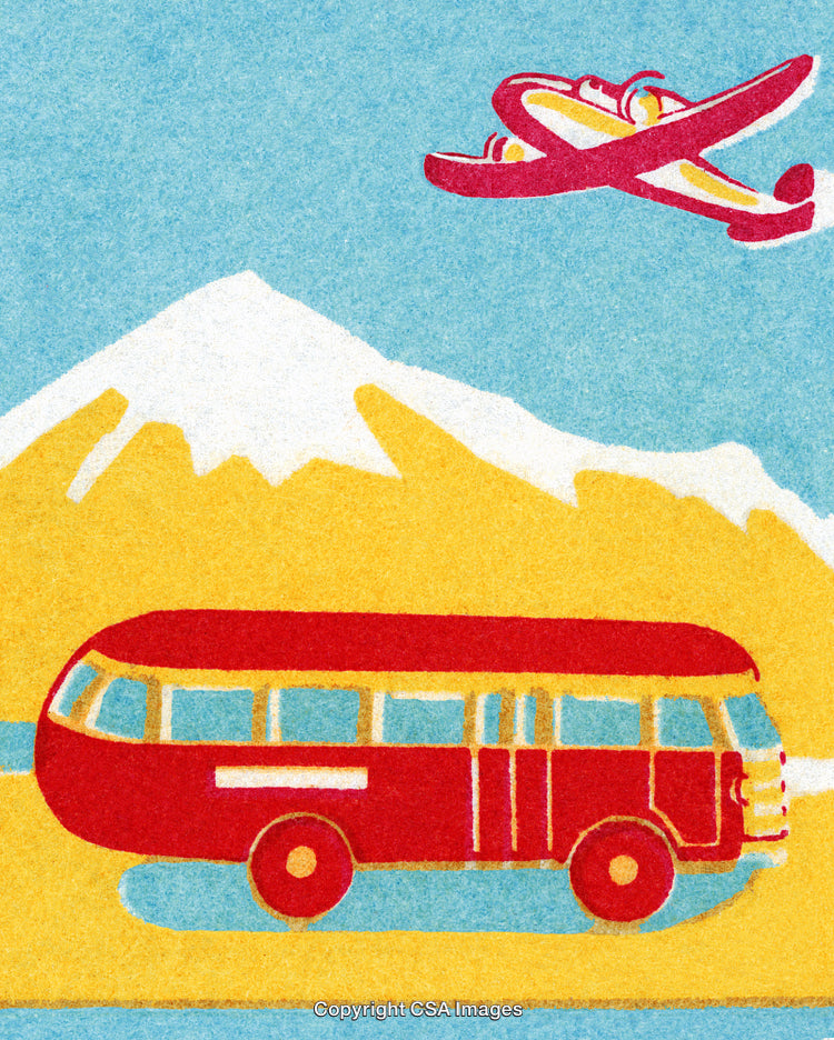 Vintage Travel Illustration Featuring Bus and Airplane in Scenic Landscape
