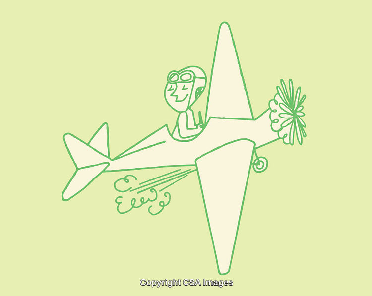 Whimsical Line Art Illustration of Pilot in Propeller Plane on Light Green