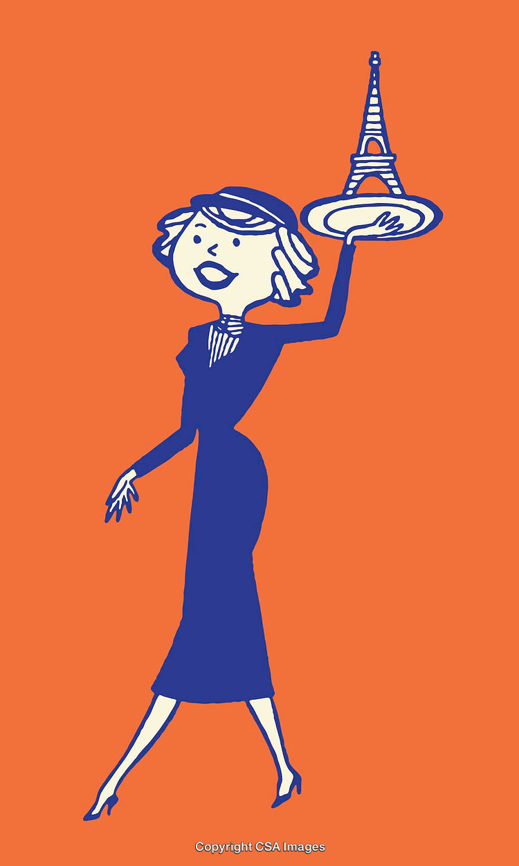 Stylized Woman Carrying Eiffel Tower Figure in Bold Colors