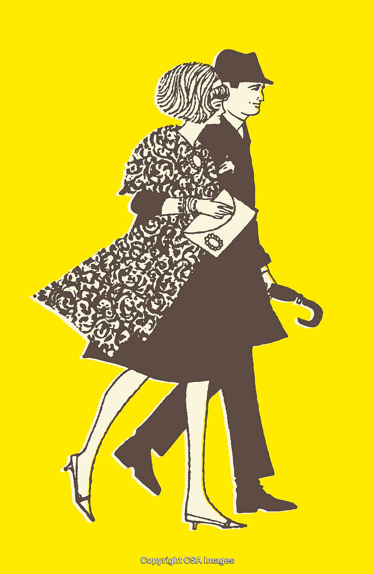 Stylish Couple Walking Together in Retro Line Art Style Illustration