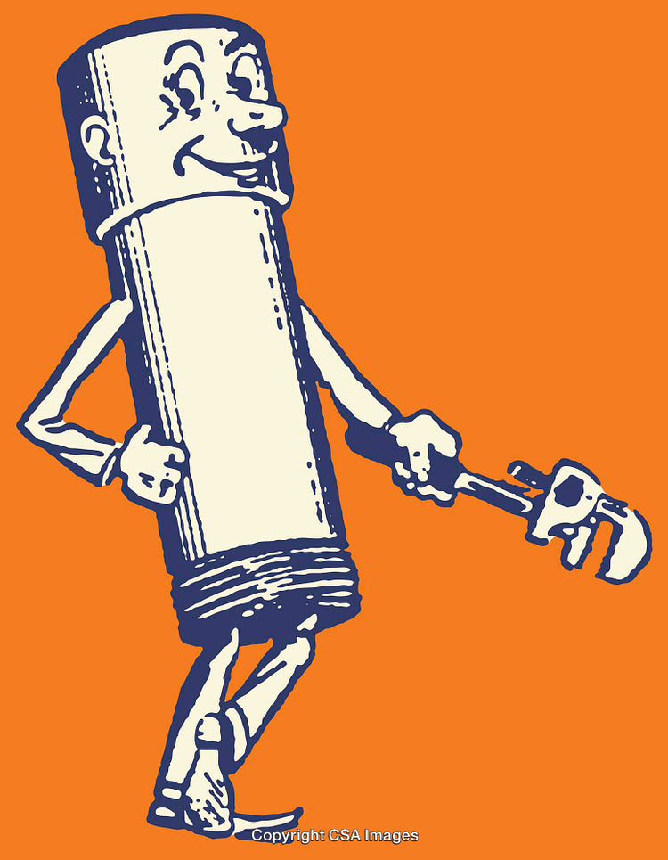 Vintage Line Art Illustration of Smiling Cartoon Character with Pipe Wrench
