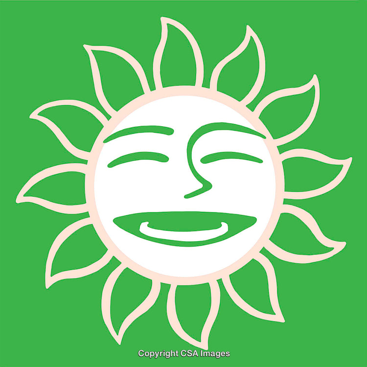 Smiling Sun Icon with Green Background in Simple Line Art Style