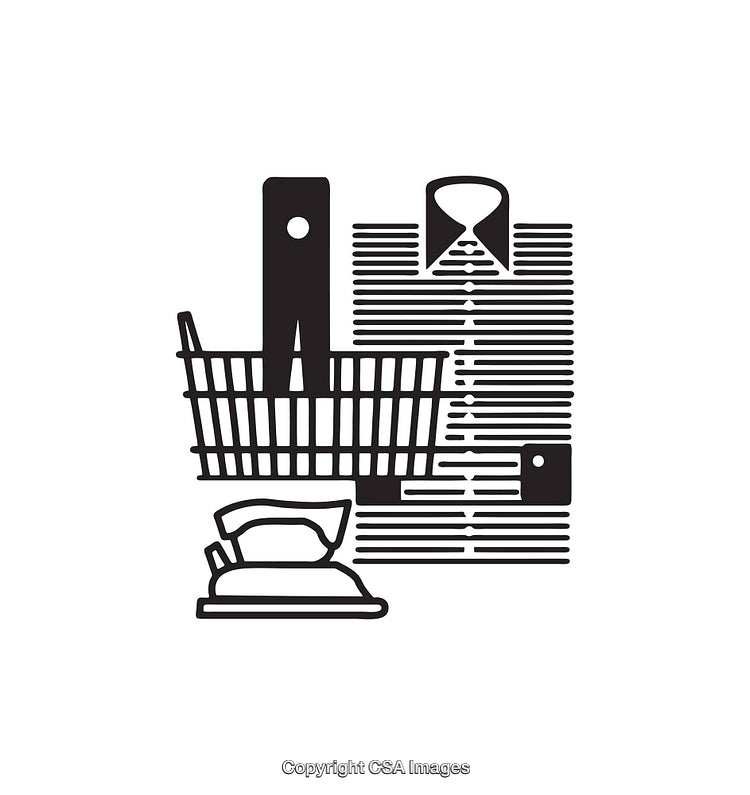 Black and White Laundry Symbol with Clothes, Basket, and Iron