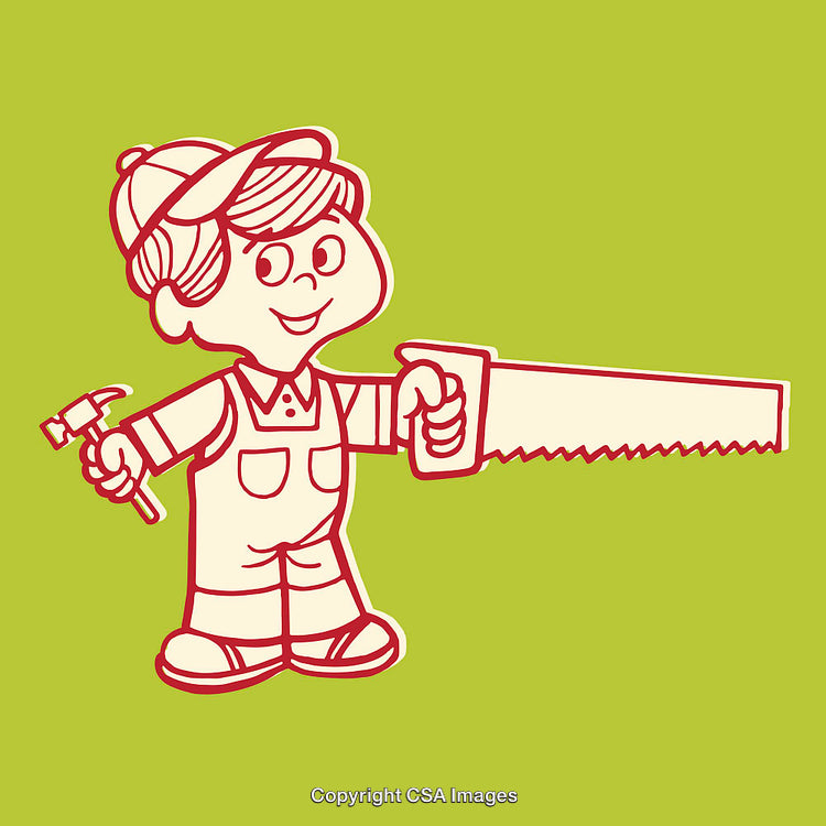 Friendly Cartoon Carpenter Holding A Hammer and Saw on Green Background