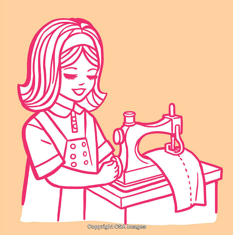 Woman Sewing Using a Sewing Machine in Retro Style Line Art