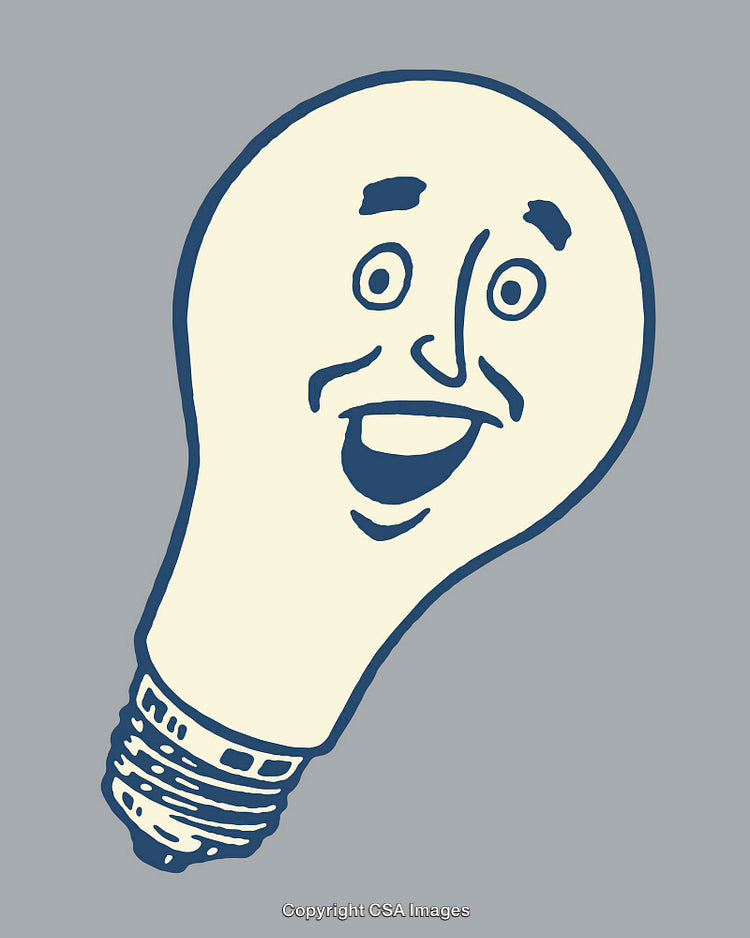 Retro Cartoon Light Bulb Illustration with Smiling Face on Grey Background