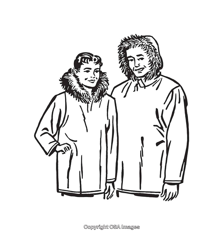 Black and White Line Art of People in Parkas with Fur Hoods