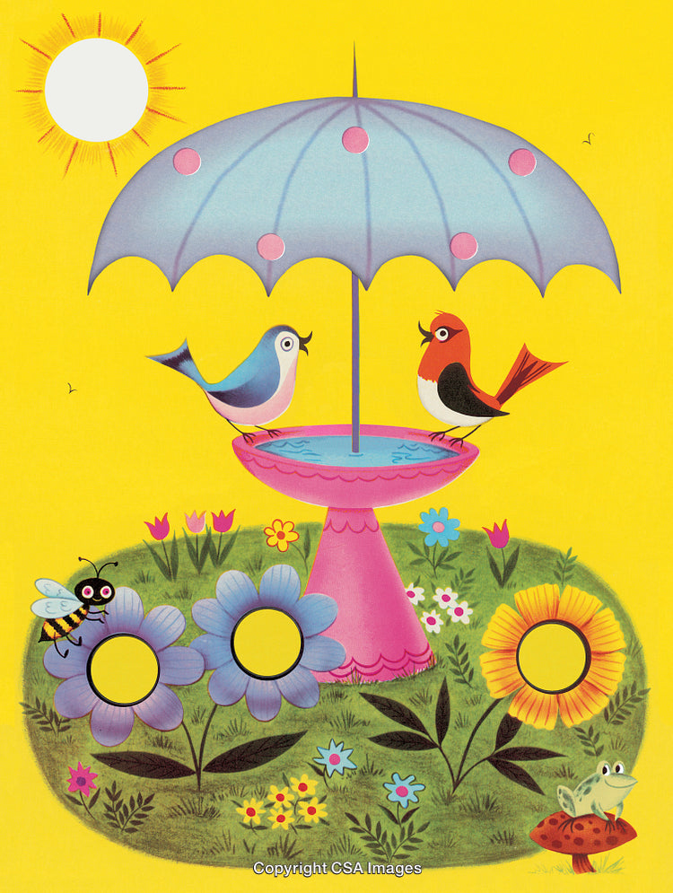 Colorful Illustration of Birds in a Garden with Sunshine and Flowers
