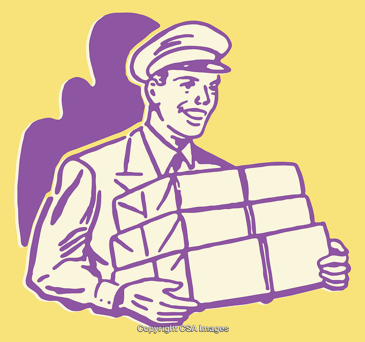 Smiling Delivery Man Holding Stacked Parcels in Vintage Artwork Style