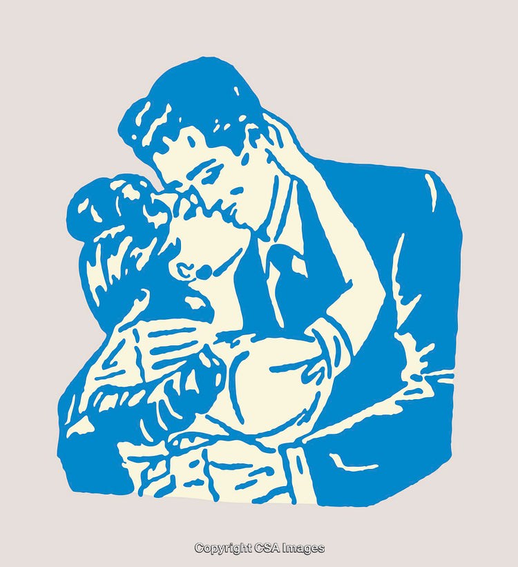 Retro Illustration of a Couple Sharing a Romantic Kiss in Blue Tones