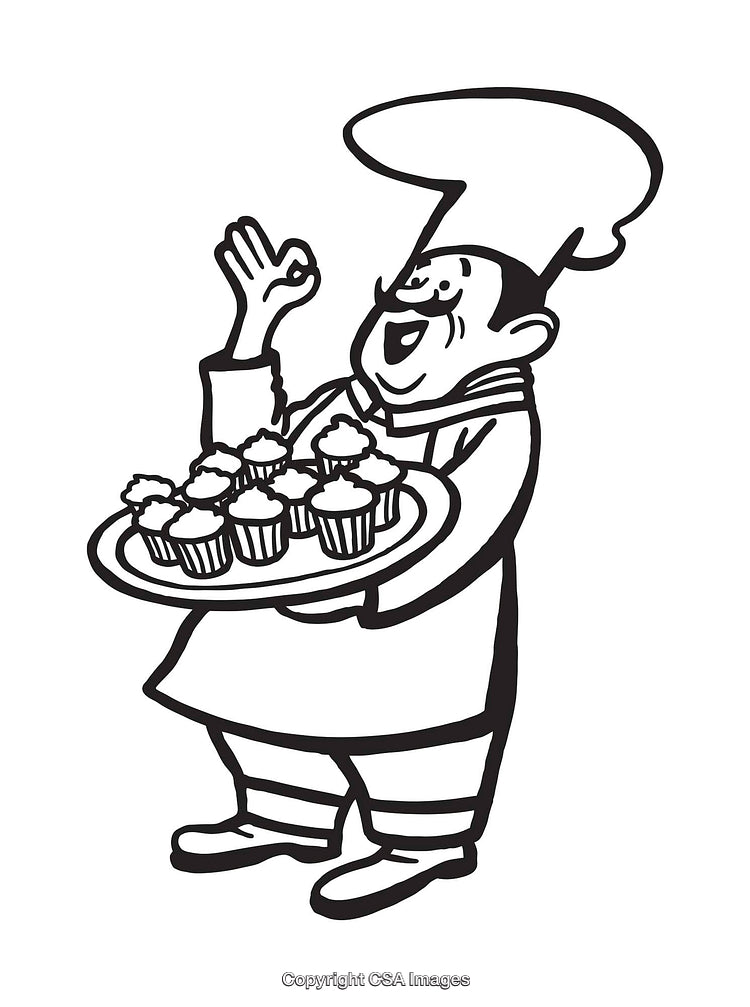 Black And White Cartoon Chef Holding Tray of Fresh Baked Cupcakes