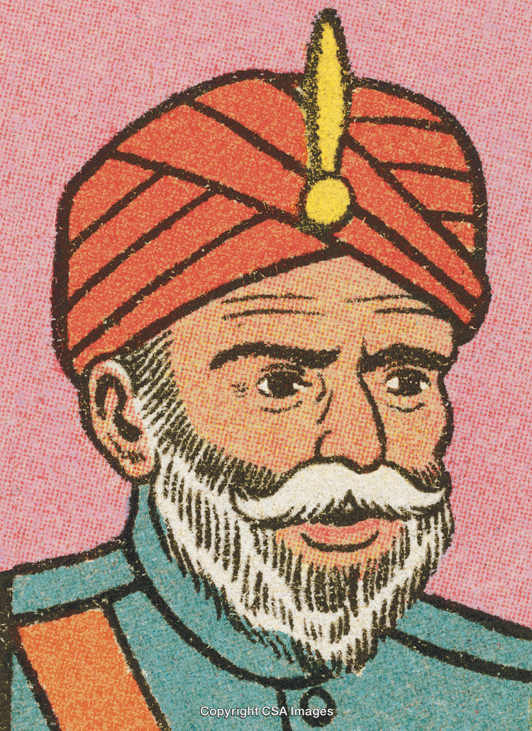 Vintage Illustration of a Bearded Man Wearing a Turban on a Colorful Background