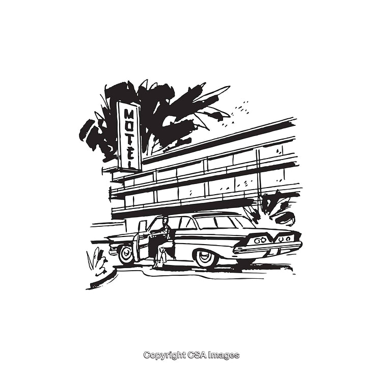 Retro Motel Scene with Vintage Car in Black and White Illustration