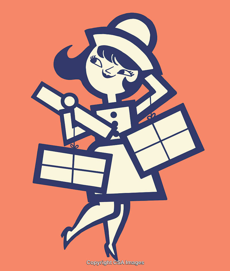 Cartoon Woman Shopping with Bags in Retro Illustration Style