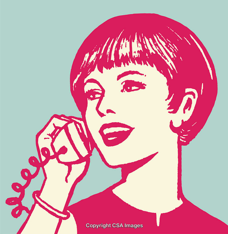 Retro Pop Art Illustration of Smiling Woman Talking on a Corded Telephone
