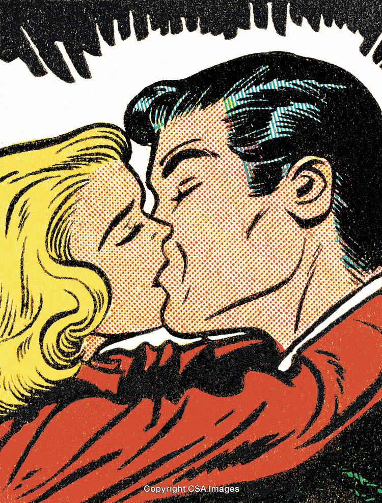 Retro Comic Style Illustration of a Romantic Kiss Between a Couple