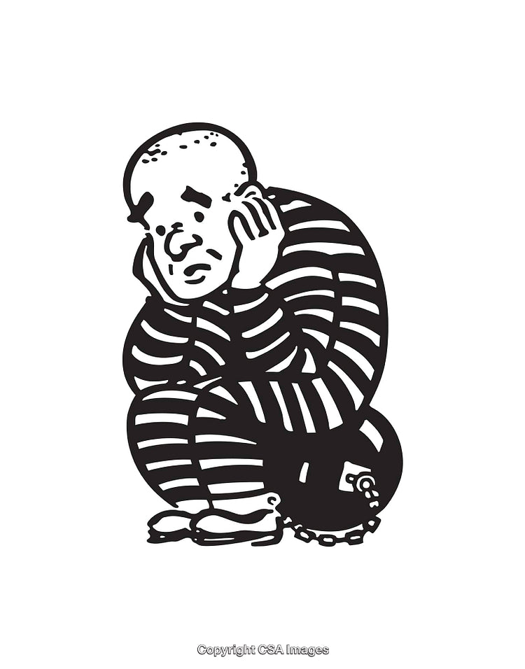 Illustration of a Sad Prisoner in Striped Uniform and Chains