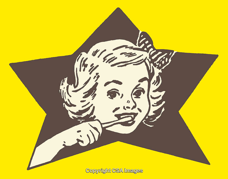 Illustration of a Smiling Child Brushing Teeth with a Star-Shaped Background
