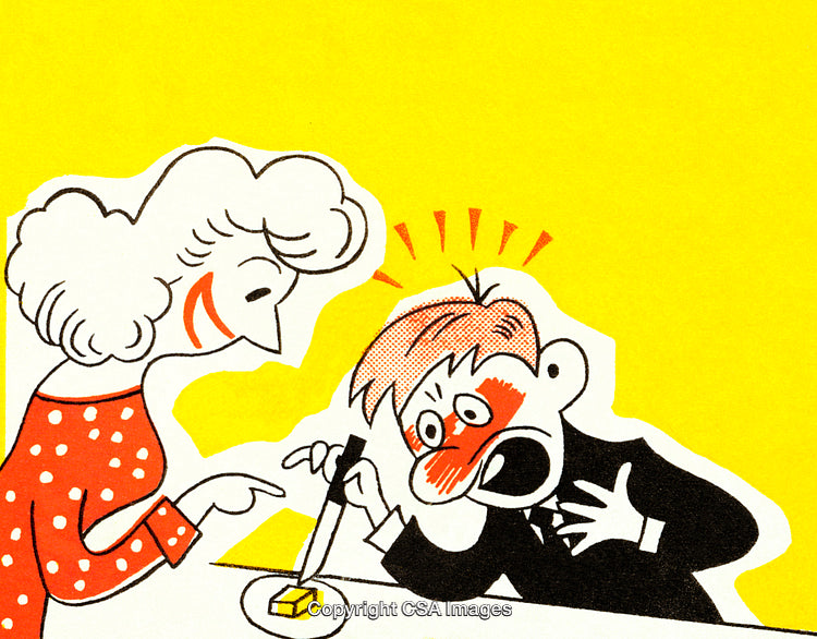 Cartoon Illustration of Surprised Man and Cheerful Woman in a Colorful Setting