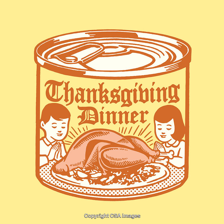 Thanksgiving Dinner Illustration in Vintage Can Packaging Design