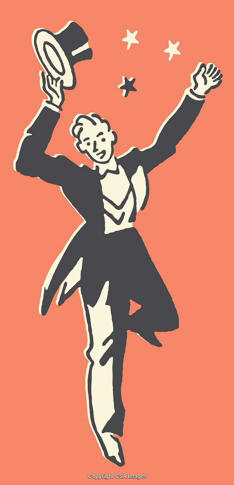 Cheerful Performer in Elegant Attire Holding Top Hat Amidst Stars