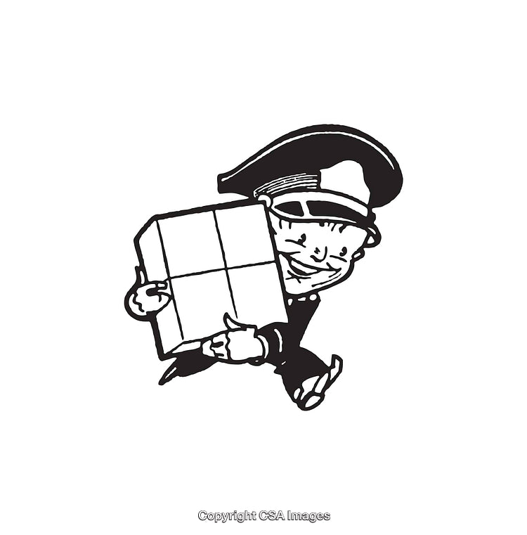 Vintage Black and White Drawing of a Delivery Worker Carrying a Parcel