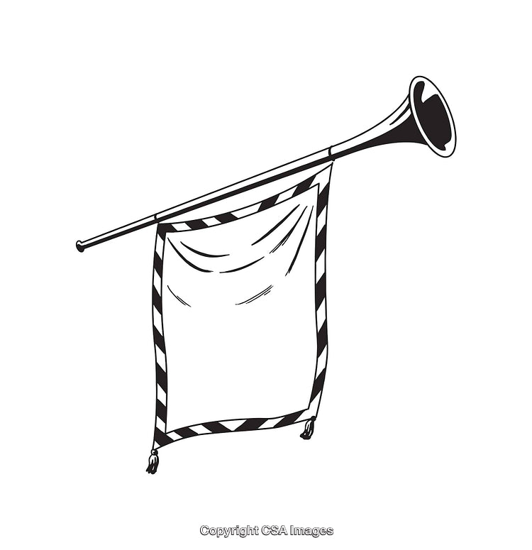 Black and White Line Art of a Trumpet with a Blank Banner