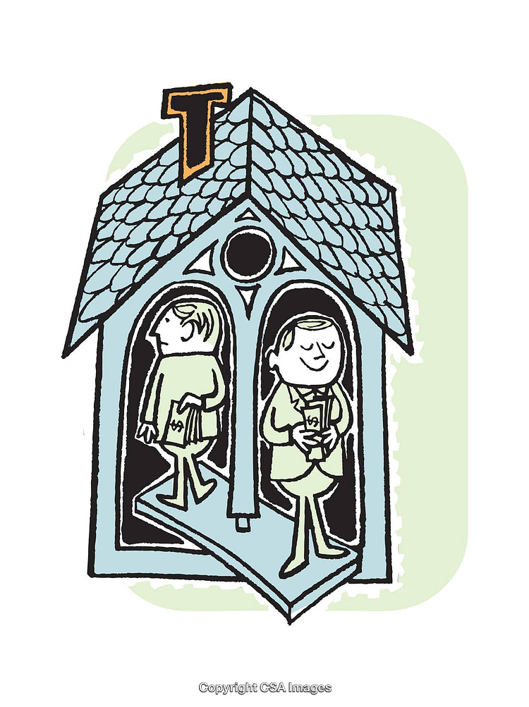 Two People Walking Inside a Whimsical Building Illustration