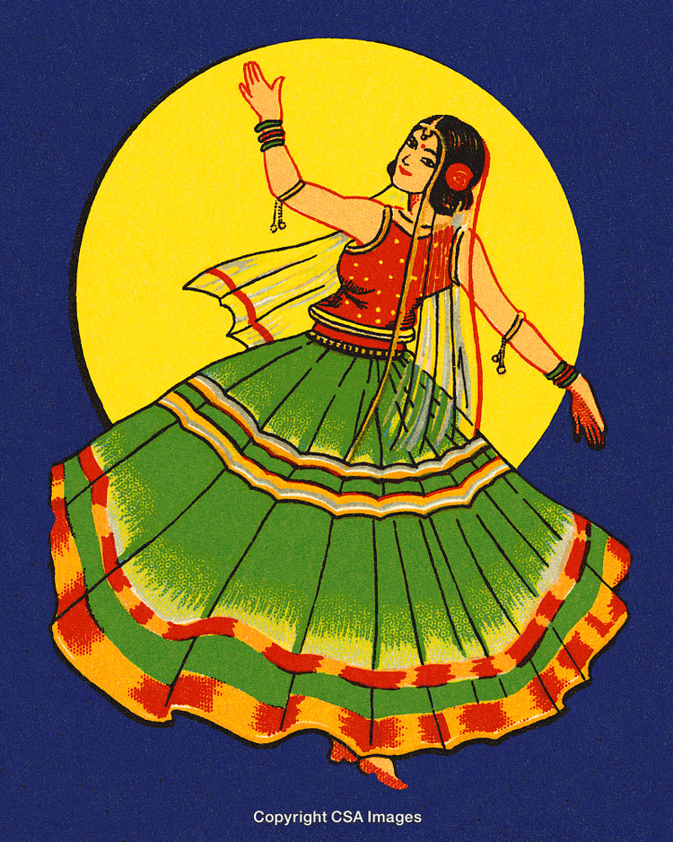 Traditional Indian Woman Dancing in Vibrant Costume Against Yellow Background