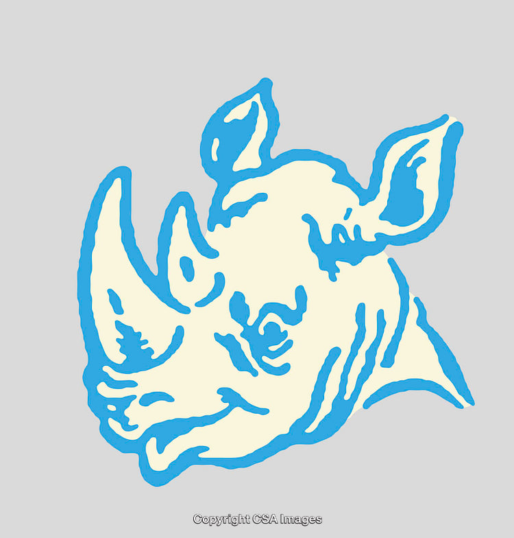 Stylized Line Art Illustration of a Rhinoceros in Blue and Beige Tones