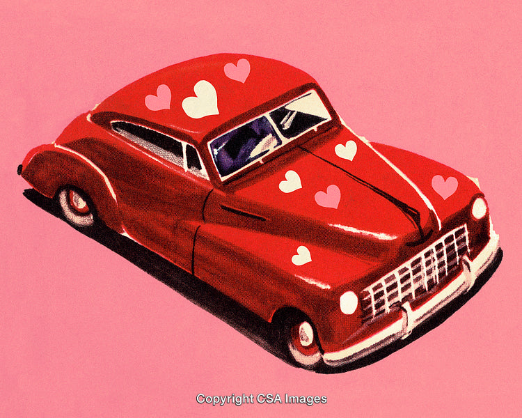 Red Vintage Car Adorned With Hearts on a Pink Background