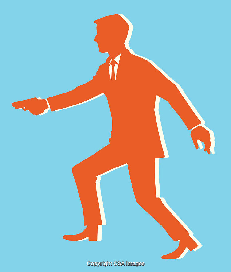 Silhouette of a Suit-Clad Agent Holding a Gun on Blue Background
